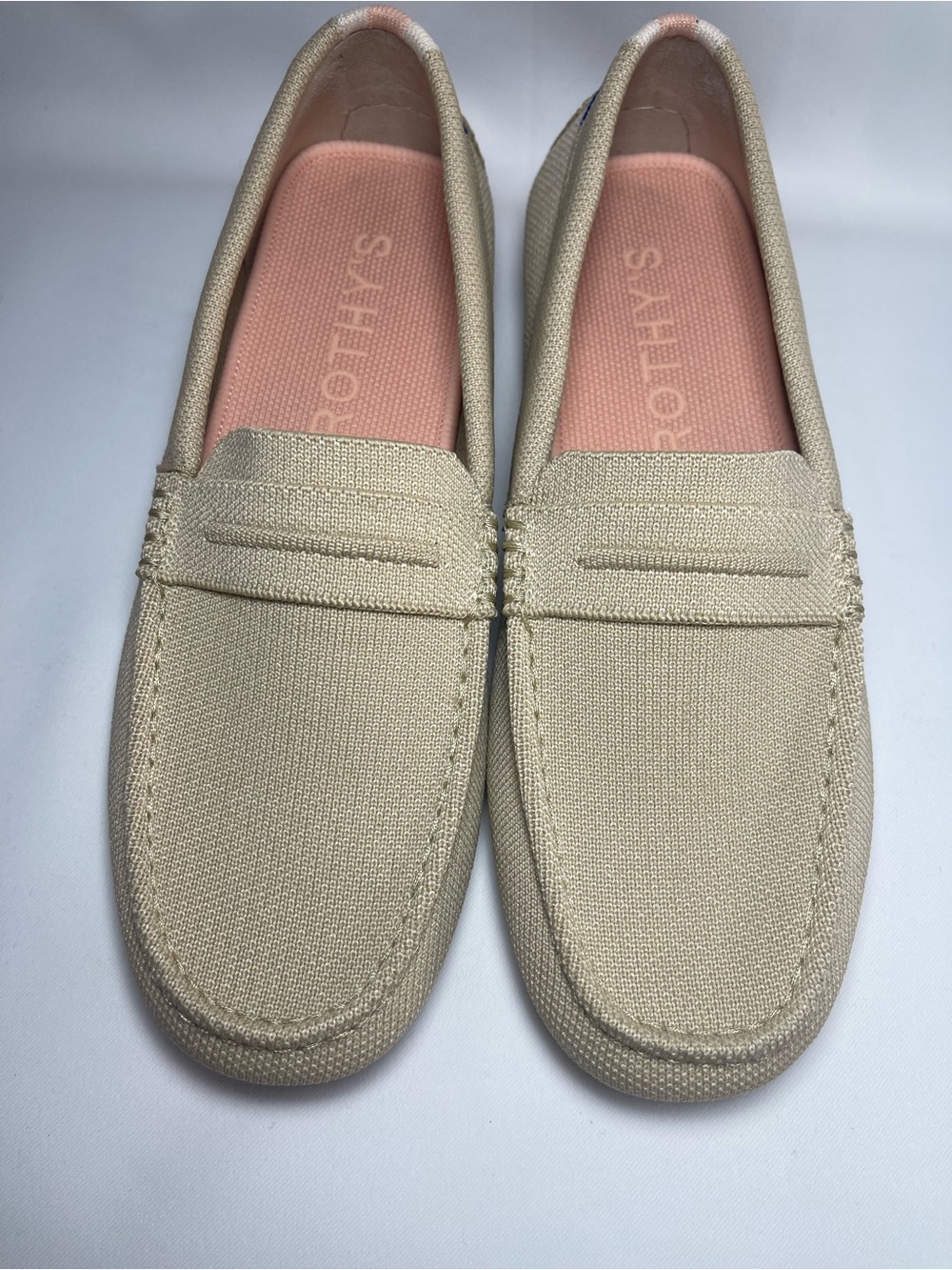 Rothy’s The Driver Loafers Tan Pink Accent Knit Slip On Flats comfortable shoe